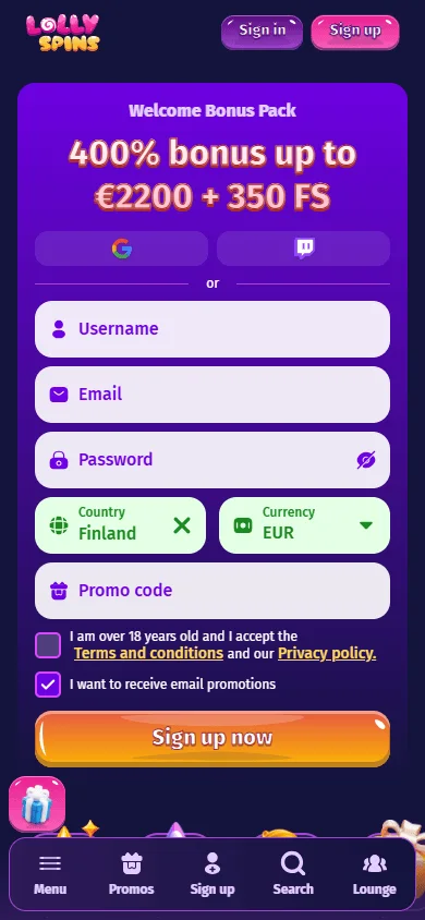 Lolly Spins Casino home screen on mobile