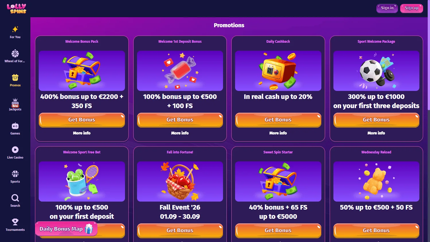 Lolly Spins Casino promotions screen on desktop