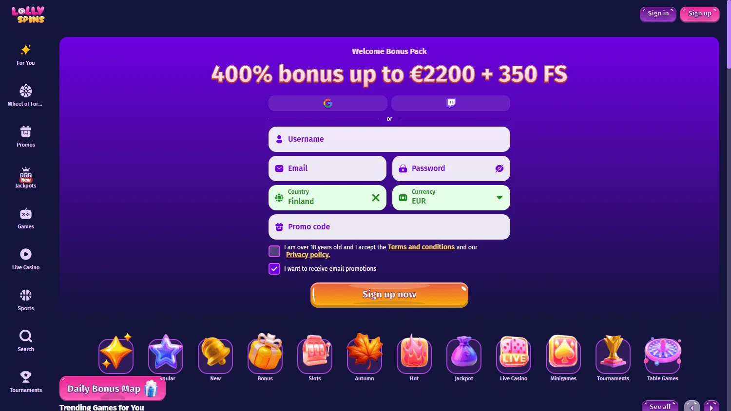 Lolly Spins Casino home screen on desktop