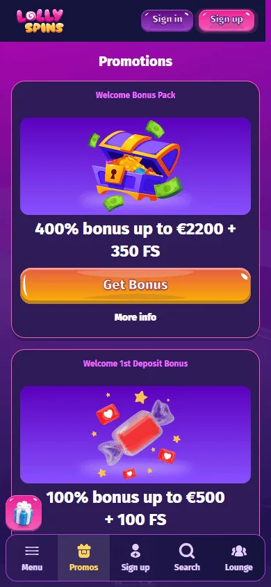 Lolly Spins Casino promotions screen on mobile