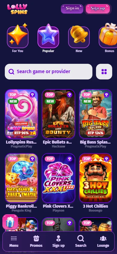 Lolly Spins Casino games screen on mobile