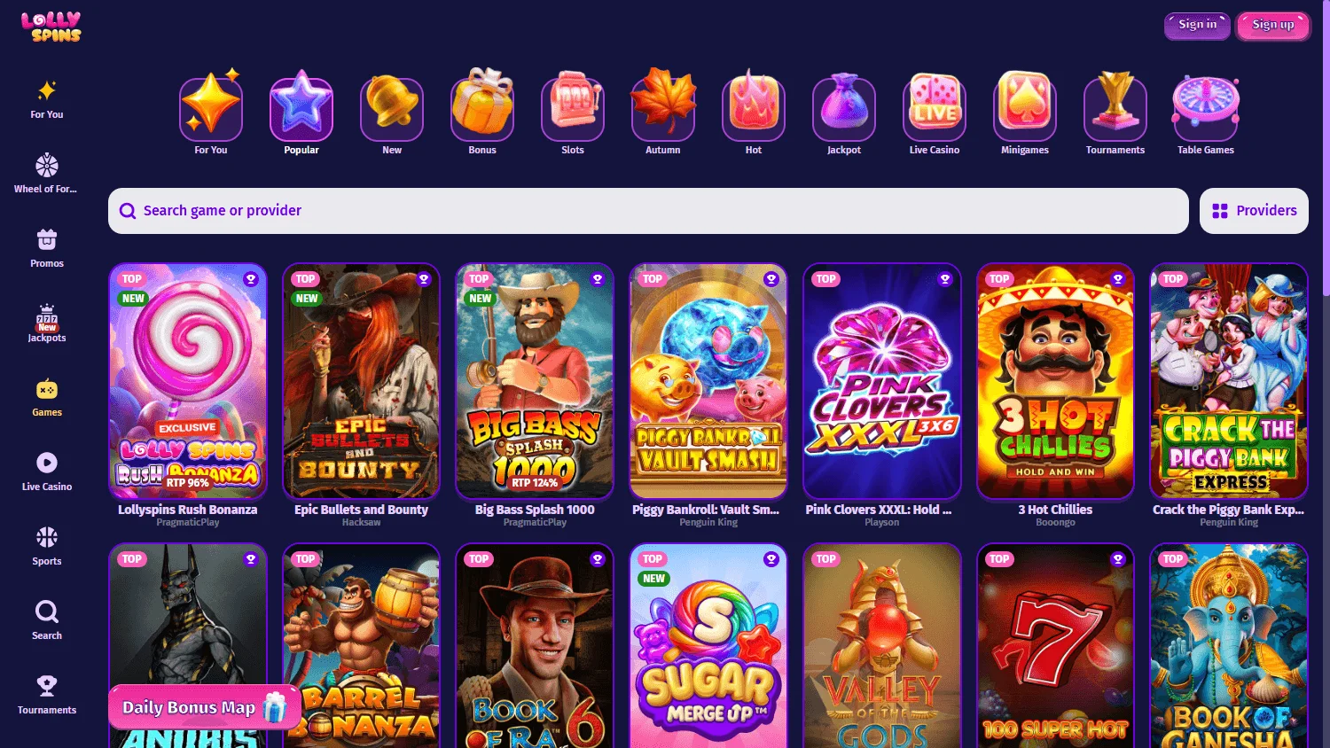 Lolly Spins Casino games screen on desktop